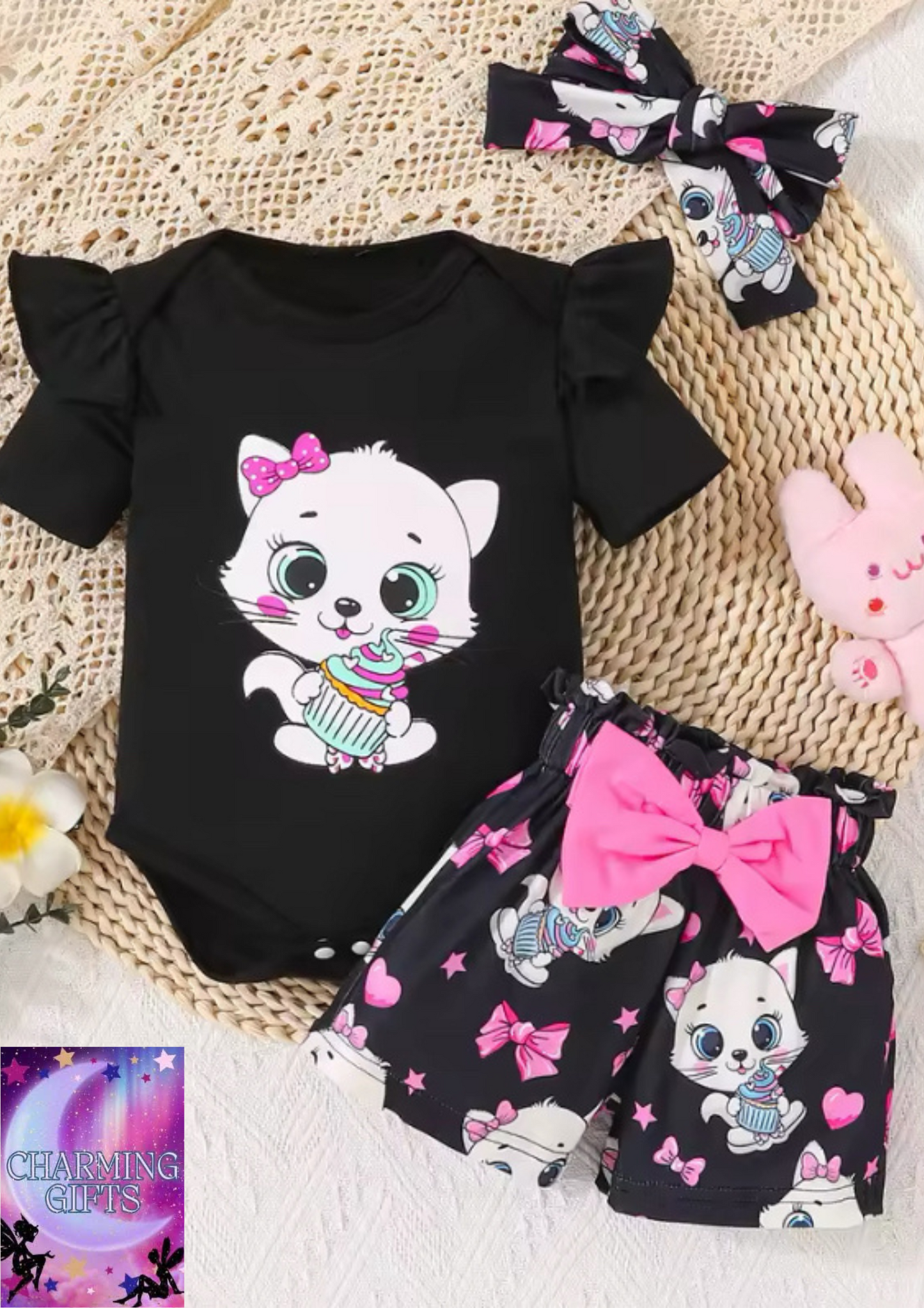 Three-piece Baby Baby Girl Baby Girl Cute cat graphic print short sleeve women's dress and shorts and headscarf set