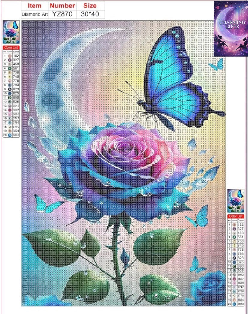 Gradient Rose Diamond Painting Kits for Beginners Adults,5D DIY Butterfly Diamond Art Kits,Round Full Drill Crescent Moon Art Crafts,DIY Painting by Numbers for Home Wall Decor 12x16 inch