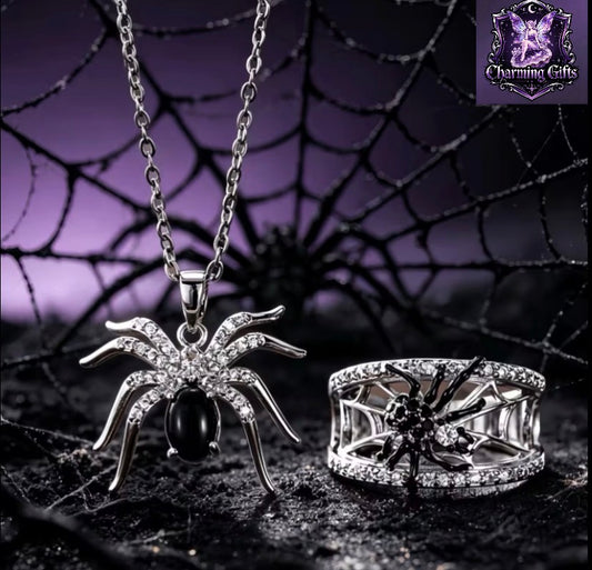 2pcs Gothic Inlay Zirconia Spider Jewelry Set for Women Spider Pendant Necklace Spider Web Ring for Halloween Party Cosplay Daily Unique Gothic Spider Jewelry Set Jewelry Gifts
