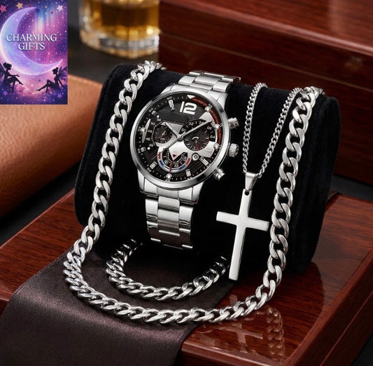4pcs Men'S Business Sports Steel Band Watch + Versatile Necklace And Bracelet Set Christmas Birthday Anniversary Gift for Him
