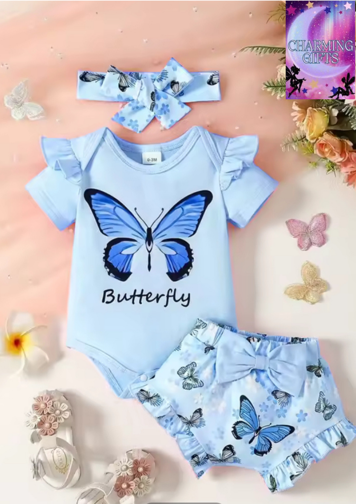Baby Girl Butterfly Jumpsuit, Print Shorts, 3-Piece Headband Set