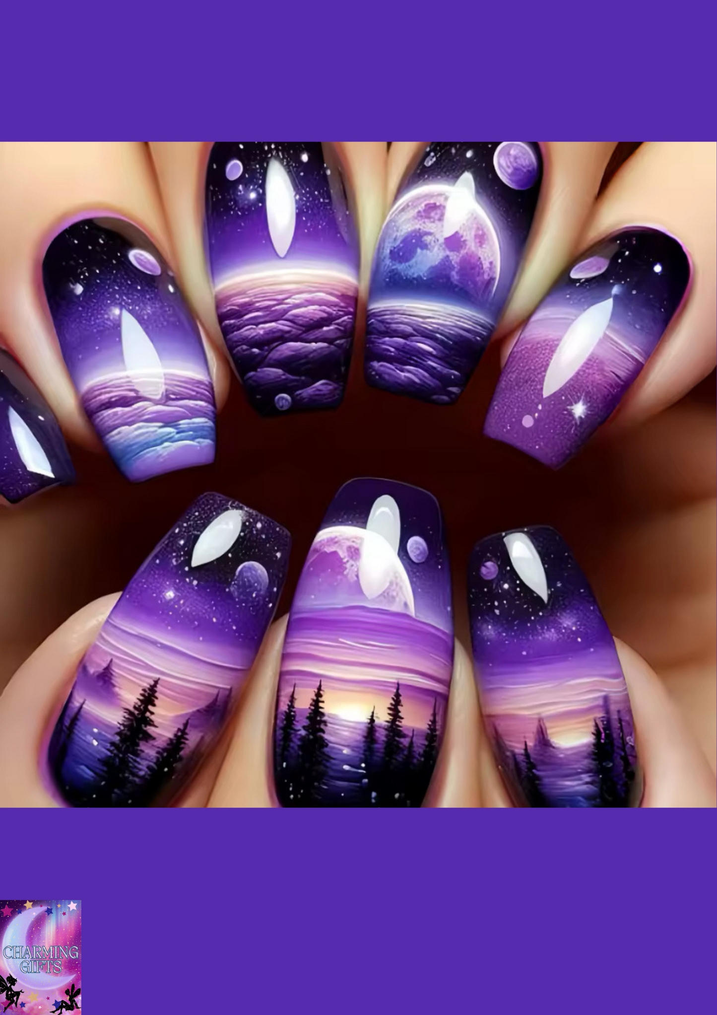 24pcs/set medium long fake nails fashion butterfly feather forest sea wave design gradient blue purple green press on false nail