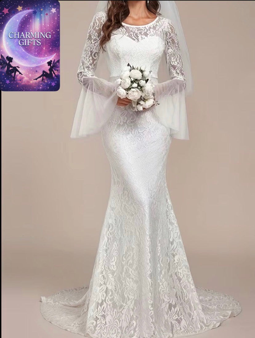 Elegant Long Sleeve Lace-Trimmed Mermaid Wedding Dress with V-Neck and Train - Perfect for Weddings, Parties, and Formal Events, Formal Event Dress | Vneck Gown | Intricate Lace Detailing, Wedding Dresses for Bride