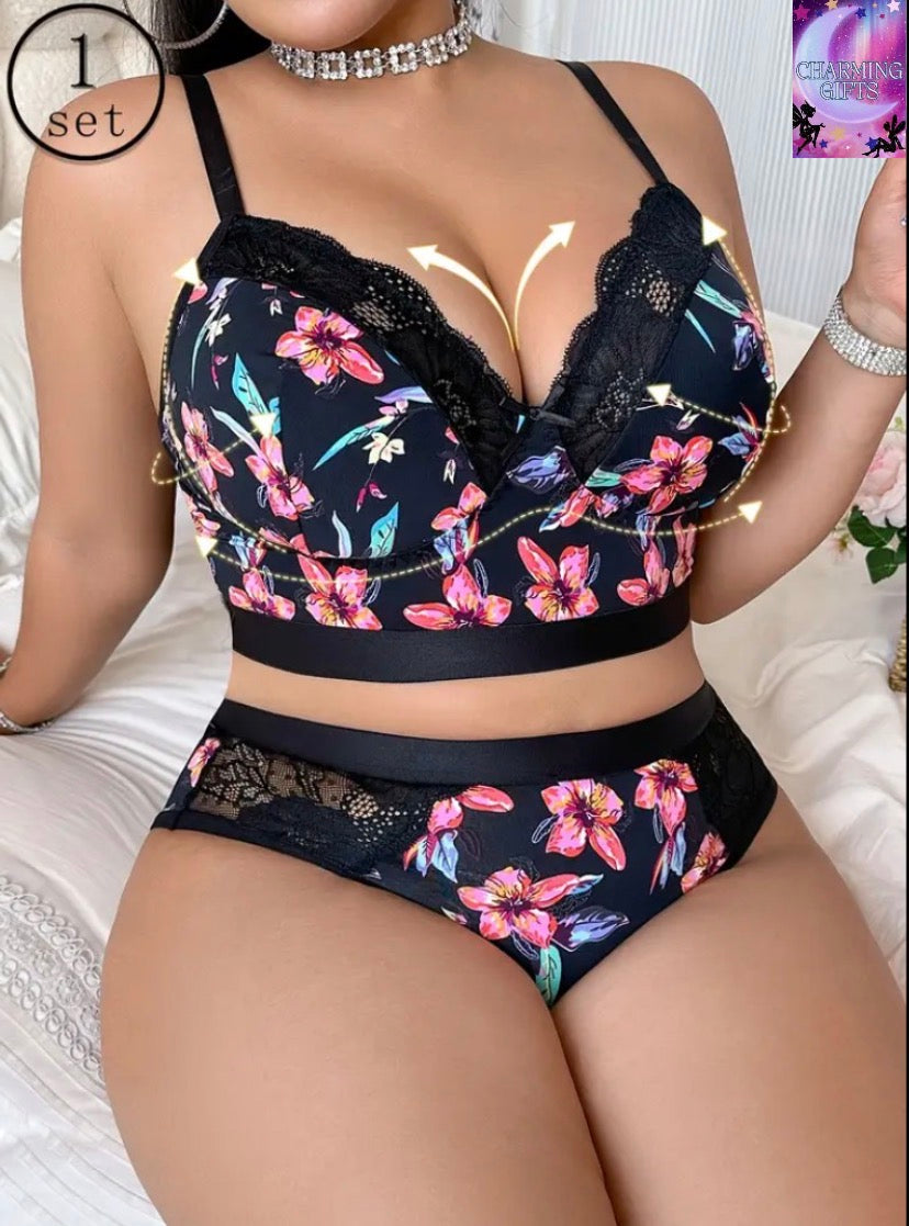 Plus Size Women's Lingerie Set with Print and Ruffle Patch, High Support Adjustable Straps Seamless for Casual Attire