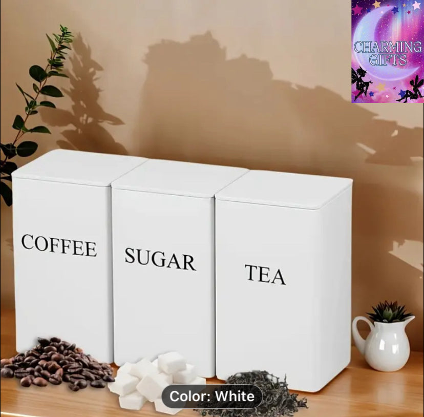 Three Piece Black/Beige Iron Storage Jar, Used for Storing Tea, Sugar, And Coffee Containers in The Kitchen, Suitable for Office, Home Storage, And Dining Rooms