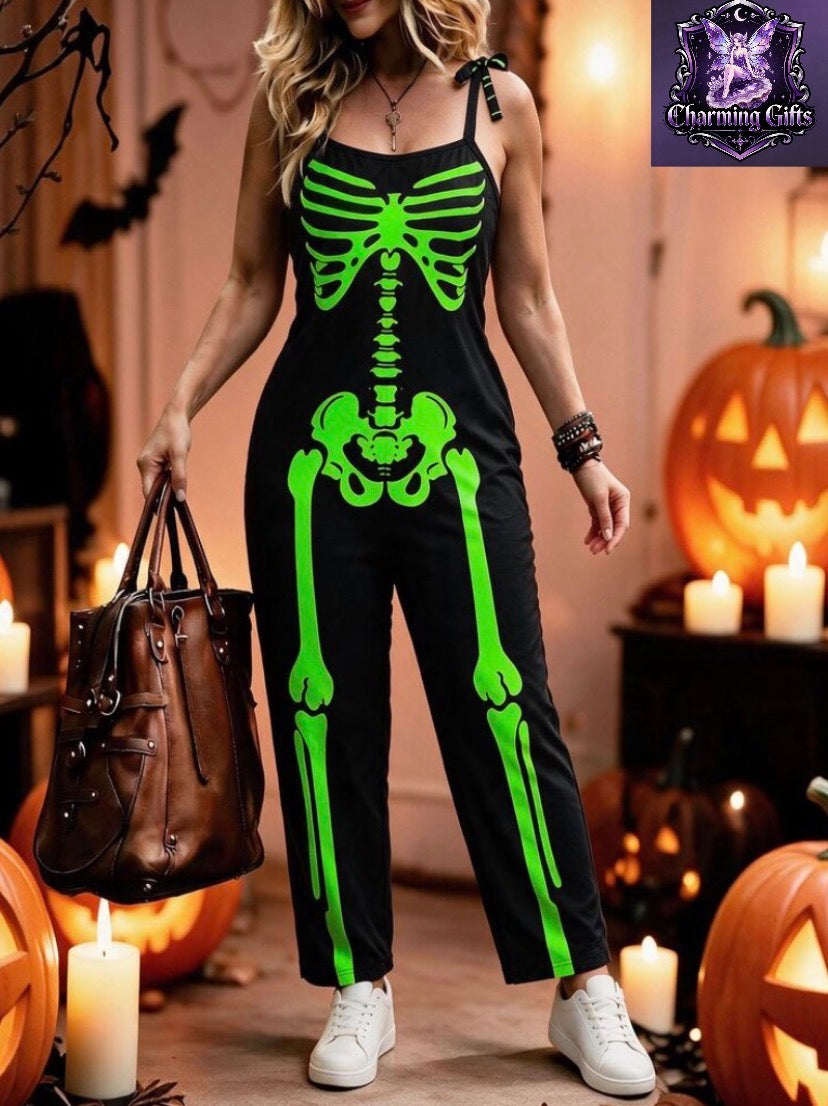 💀 Plus Size Halloween Skeleton Print Spaghetti Strap Jumpsuit