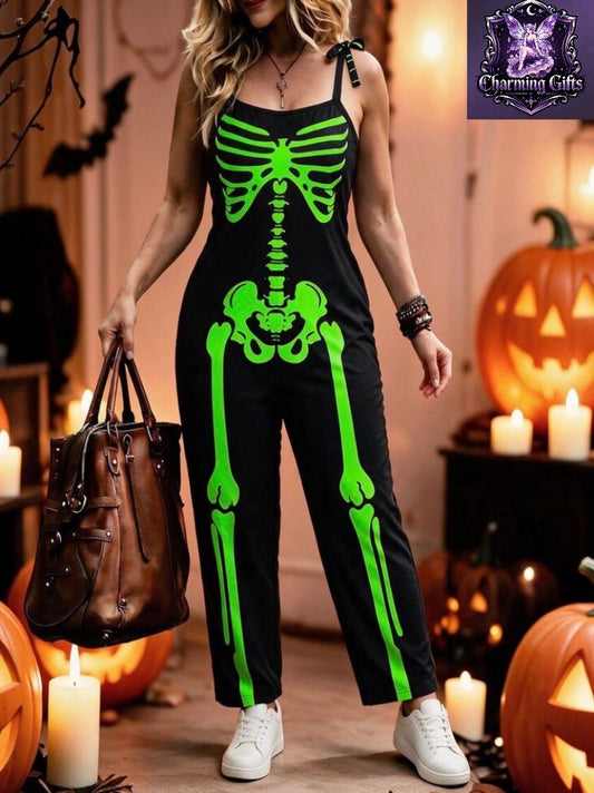 💀 Plus Size Halloween Skeleton Print Spaghetti Strap Jumpsuit