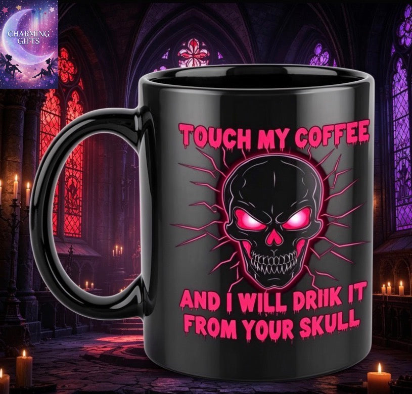 1pc Gothic Skull Coffee Cup 11 oz (360 ml) | Black Ceramic Beverage Utensil with Red and White Cartoon Character Design, "Touch My Coffee, I Will Drink It From Your Skull" Text, Perfect for Halloween, Birthday, and Holiday Gift, Coffee Bar Accessory