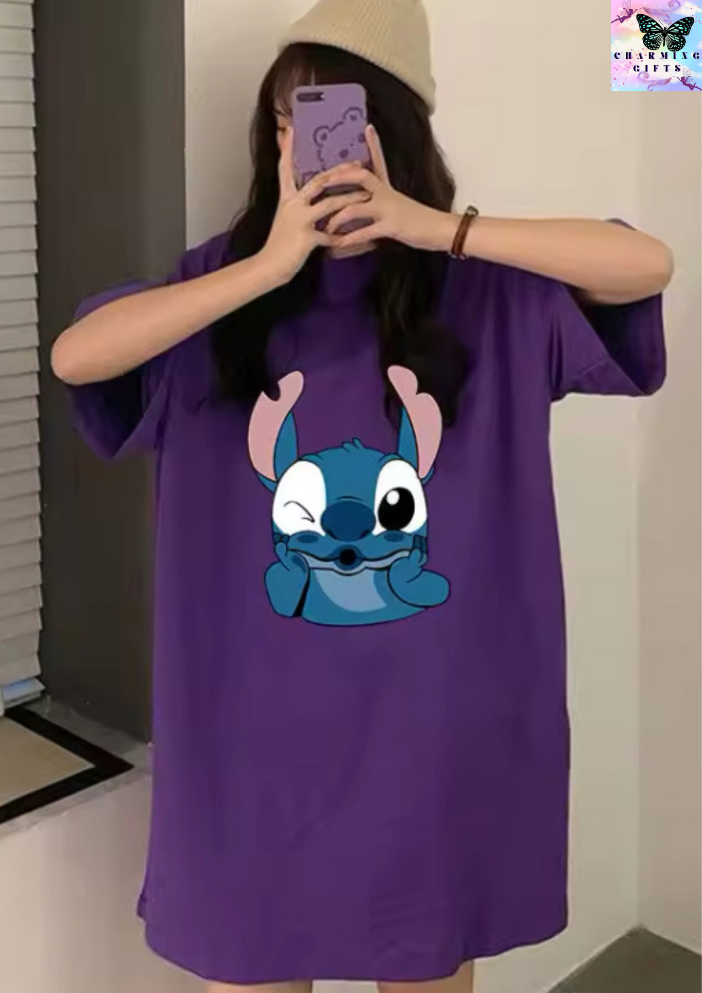 Kawaii Disney Stitch Nightdress for Women Cotton Cartoon New Short-Sleeved Loose and Versatile Dress That Can Be Worn Outside