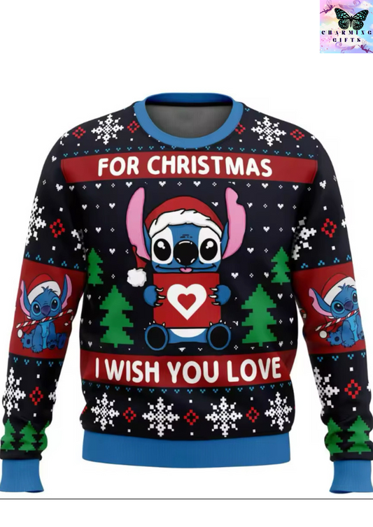 Cartoon Anime Stitch Christmas Sweatshirt Gift Santa Claus Pullover 2024 New Fashion Autumn Winter Men Women Clothing Tops