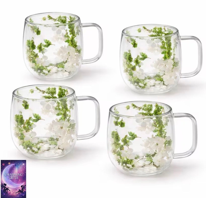 200ml 4pcs Set Of Double Walled Glass Cup Dried Flower Insulated Coffee Tea Mug with Handle Mug Gift Set