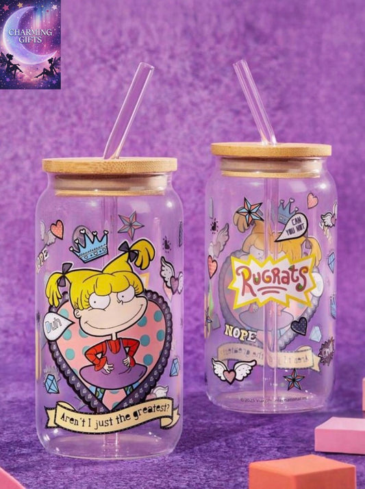 Nick 90s | Rugrats 1pc 500ml/17.6oz Cartoon Figure Graphic Glass Cup With Straw Cleaning Brush, Heat & Cold Resistant, Suitable For Milk, Juice Etc.