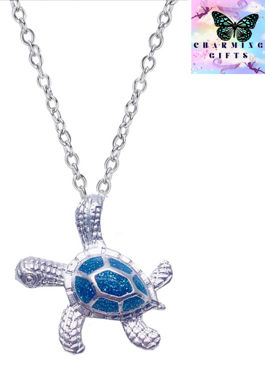 Opal Turtle Necklace,Blue Opal Sea Turtle Pendant Sterling Silver Necklace Jewelry for Women Gifts,Opal Ocean Themed Cute Turtle Necklace, Blue,White,Silver