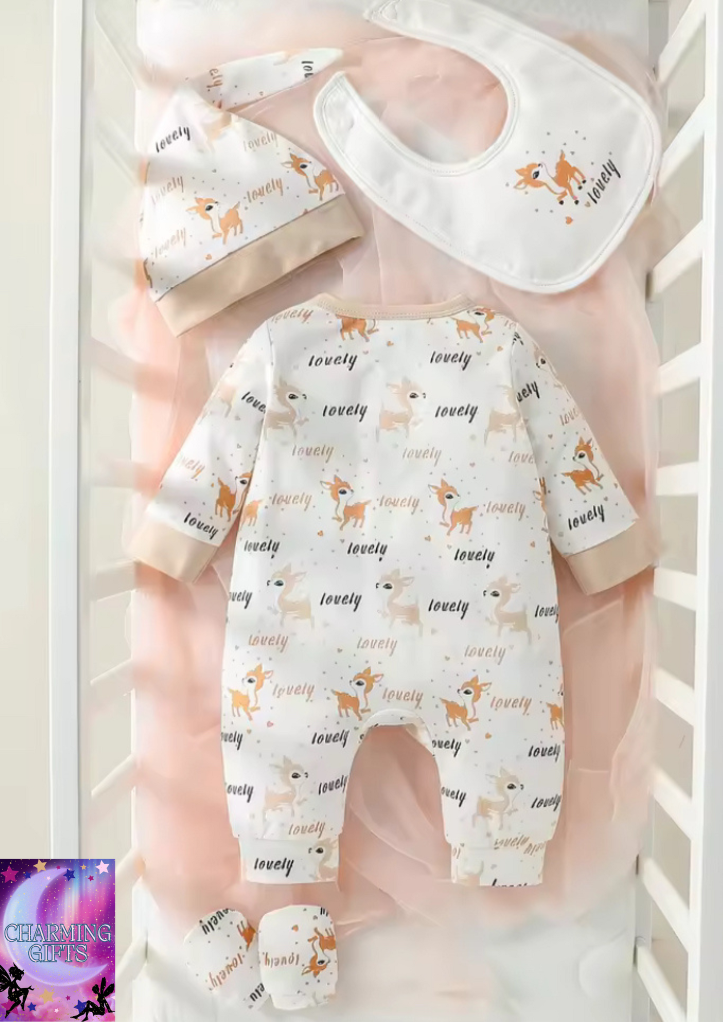 4Pcs Baby Girls Long Sleeve All Seasons Cartoon Deer Open Stitch pastorale Jumpsuit+Bib+Gloves+Hat