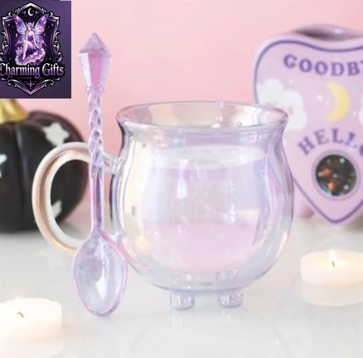 🔮 Purple Glass Cauldron Mug with Crystal Spoon