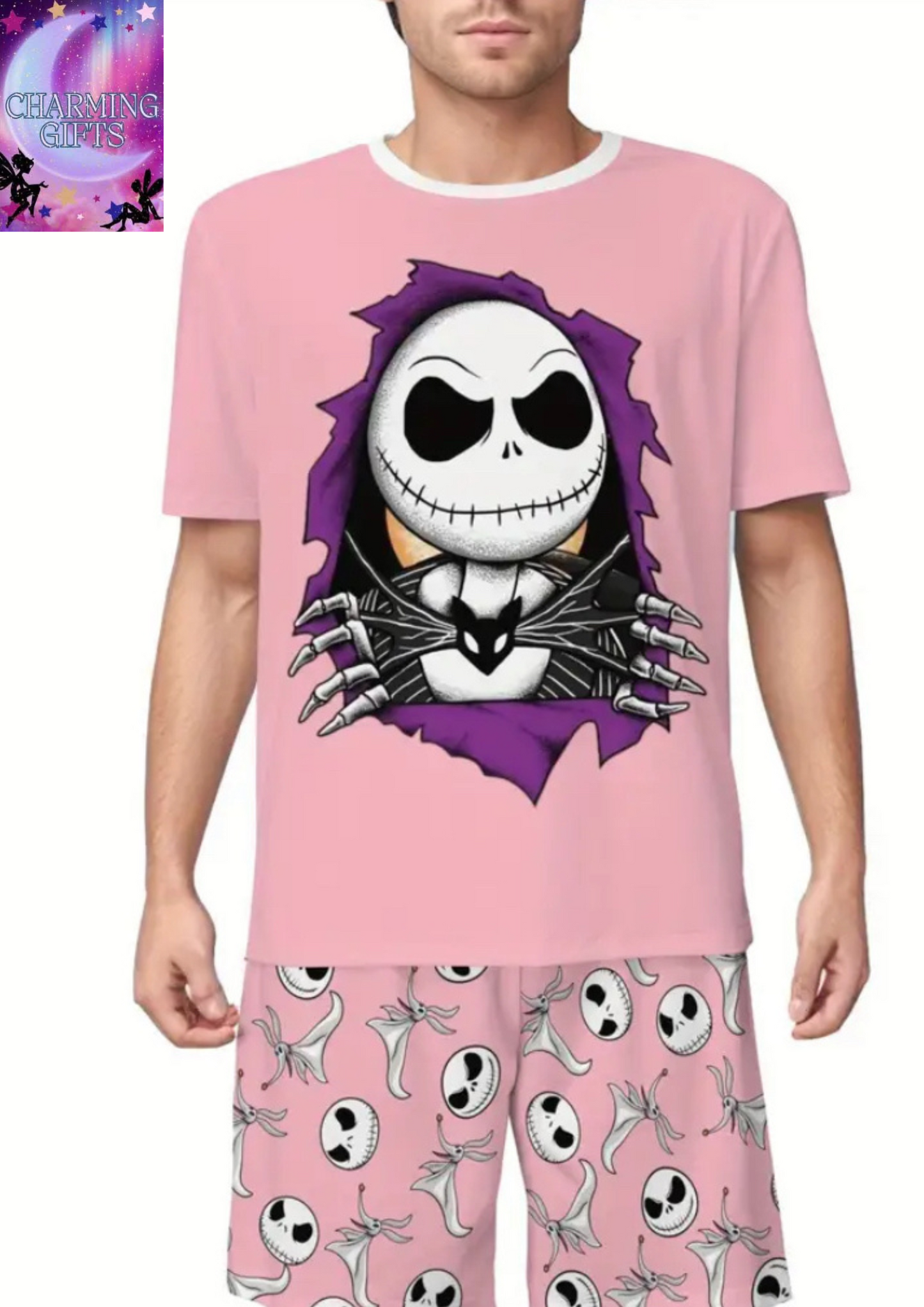 The Nightmare Before Christmas unisex Pajama Set - Soft & Breathable Crew Neck T-Shirt & Shorts with Jack Skellington Design, Casual Summer Sleepwear, Perfect Gift for Friends or Pajamas for Summer