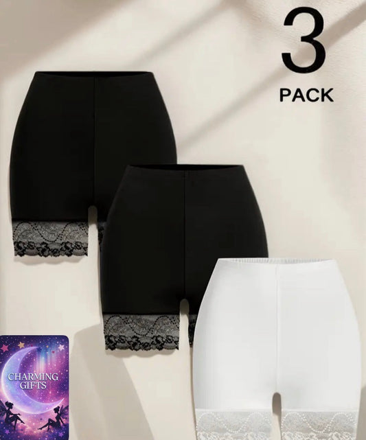 Women's Plus Size 3-Pack Lace Trim Shorts - High Waist, Stretchy, Solid Black & White, Comfortable Clothing & Clothing