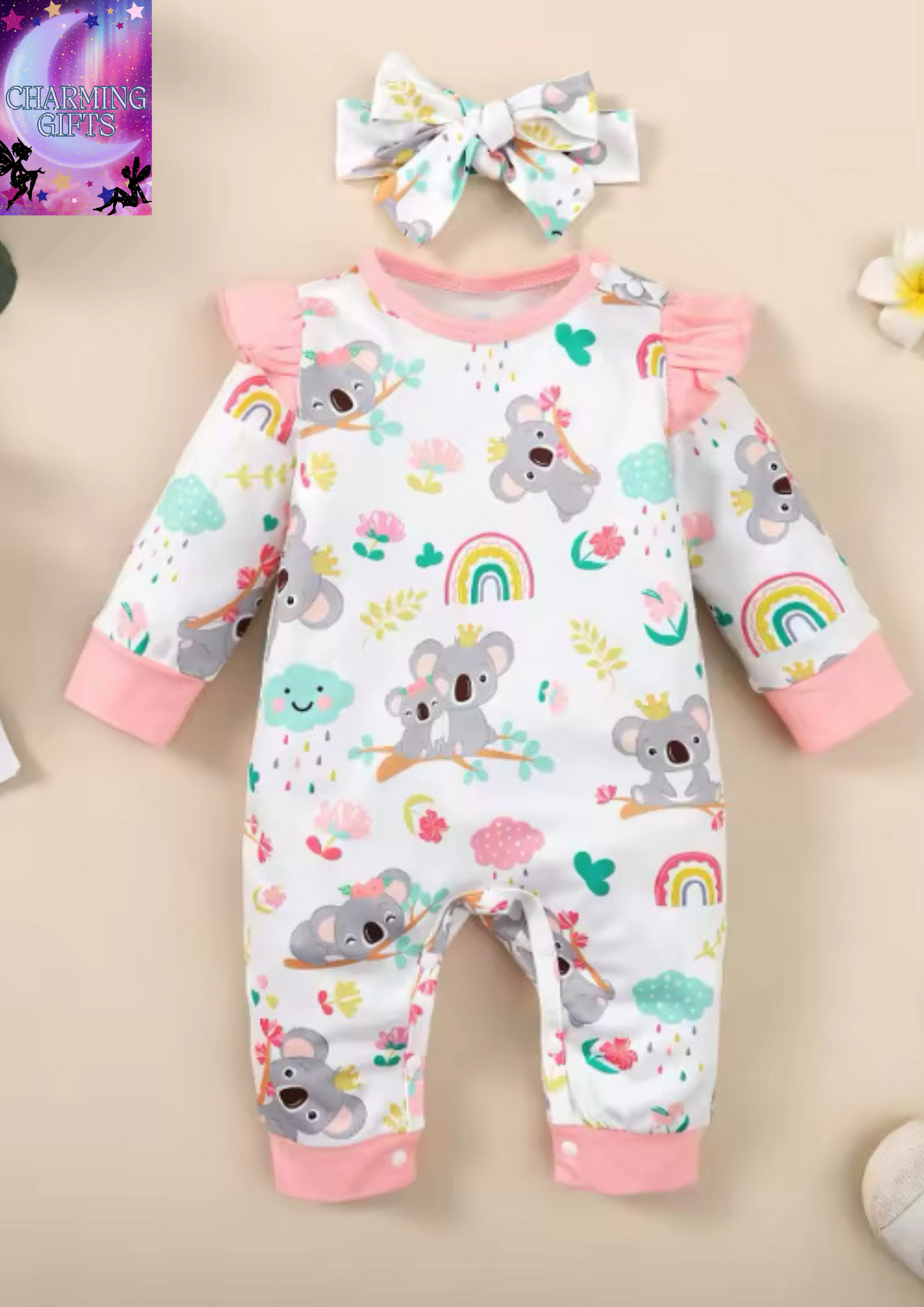 2PCS Romper Outfits Newborn Baby Girl Long Sleeves Cute Koala Bodysuit with Headband Infant Baby Spring and Autumn Jumpsuit