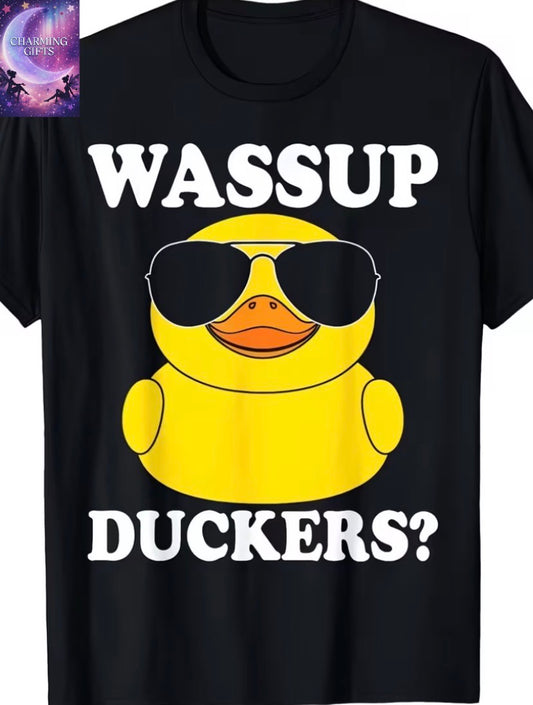 Wassup Duers Fun Rubber Duck Printed T-Shirt, Vintage Style Crew Neck with Slight Stretch Fabric, Regular Fit, teesable for All Seasons, for Adults, Includes Graphic Print, Party Beach Sports Outdoor Apparel | All-Season Casual Wear