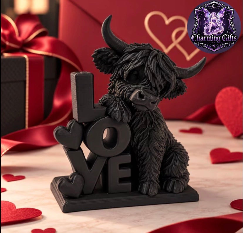 🐮 Highland Cow LOVE Letter Sculpture — Scottish Cow Figurine 🐾