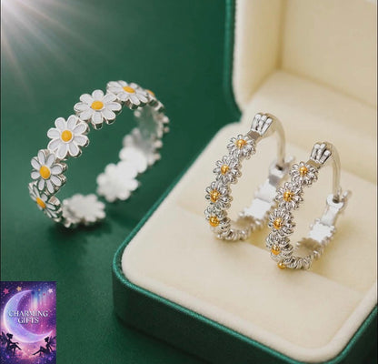 925 Sterling Silver Beautiful Daisy Hoop Earrings & Ring Set Women Girls Jewellery Gift UK