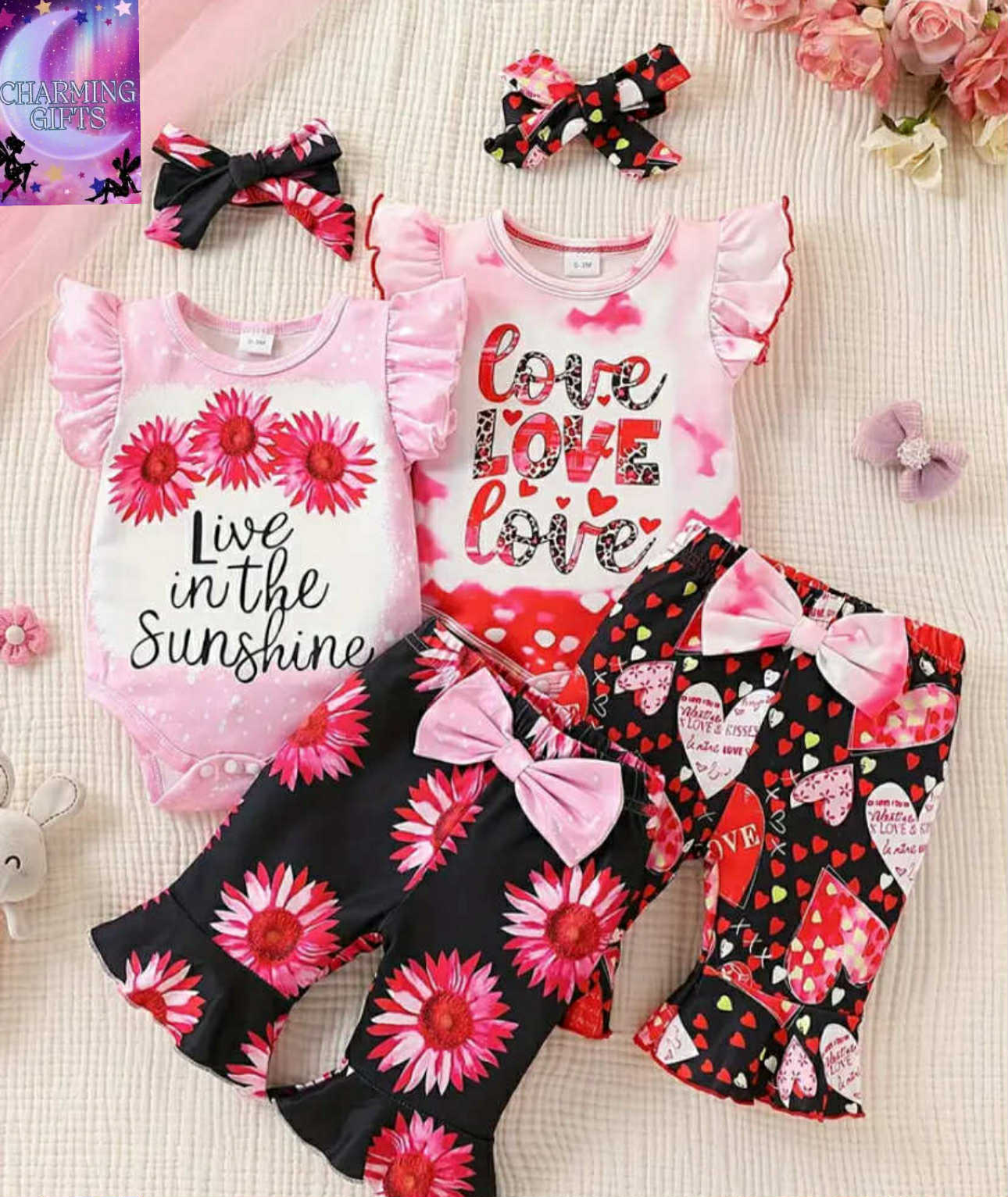 Adorable Flower + LOVE Print Girls' 6pcs Set, English Pattern Print + Gradient Floral Print Jumpsuit + Heart Print Bell Pants + Headband 6pcs Set, Essential for Outdoor
