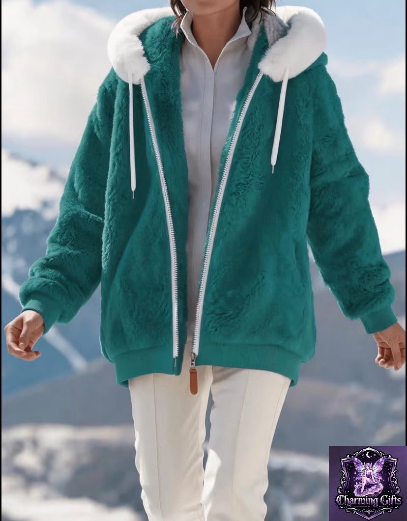 Women'S Autumn Winter Fleece Lined Zipper Hooded Coat, Elegant Winter Double-Faced Plush Coat Dress, Solid Color Design Machine Washable Loose Fit Suitable for Autumn Winter Wear