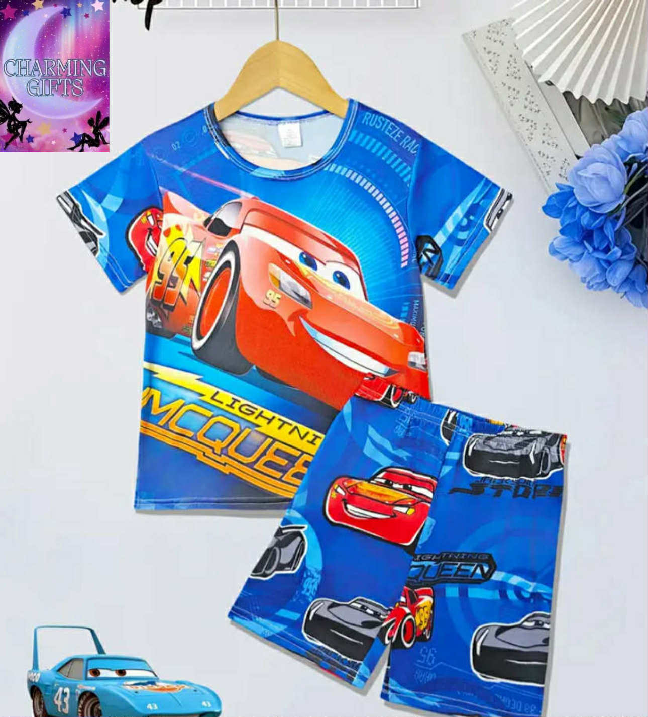 Licensed - Racing, Lightning McQueen & Jackson Storm Crazy Race, Cool Racing Style Pattern, Boys' Spring and Summer Comfortable Short Sleeve Pajama Set, Suitable for 2-7 Year Old Boys, Skin-friendly Breathable High Elastic Fabric