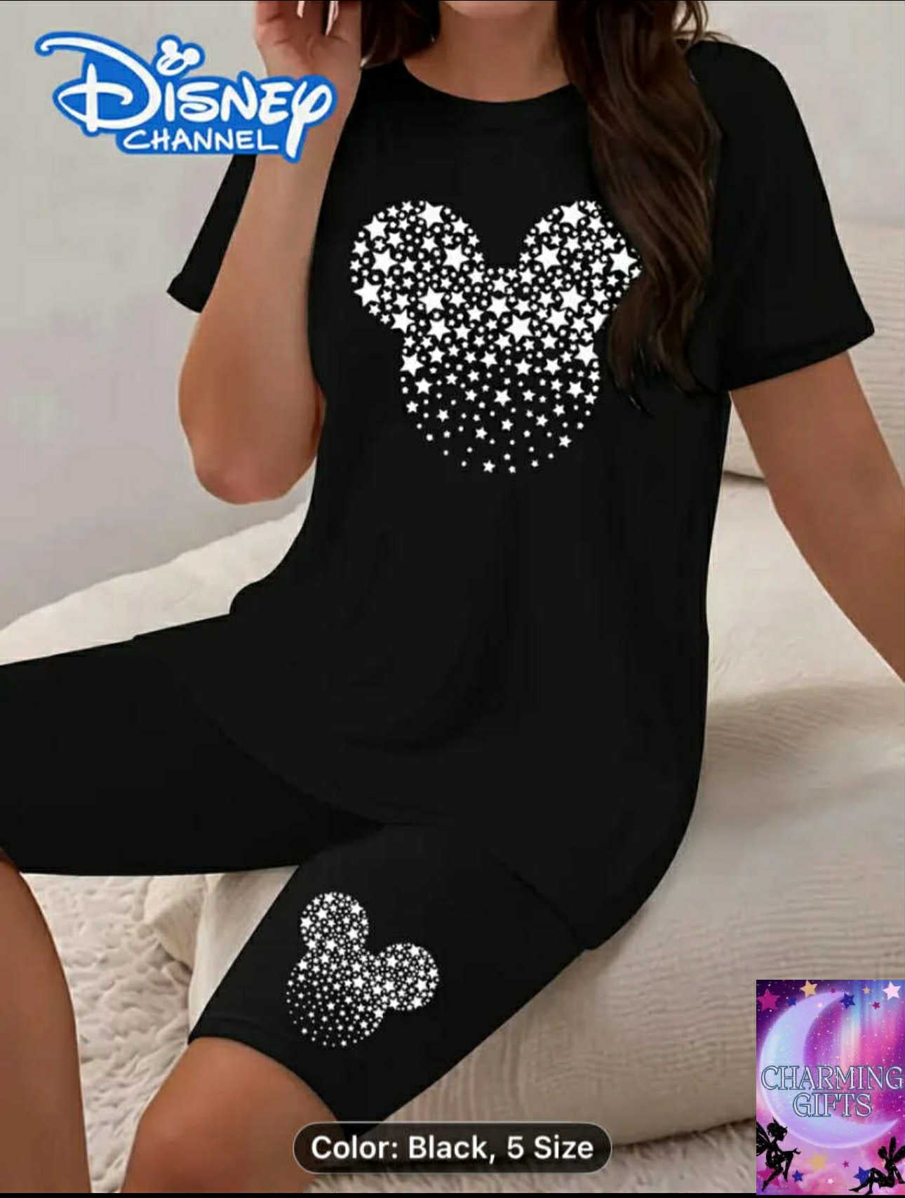 Disney plus-size ladies Mickey T-shirt short sleeve suit, Mickey outline star gradient printing, short sleeve+shorts two-piece, machine washable, comfortable in all seasons, and can be sent to Disney fans as gifts.