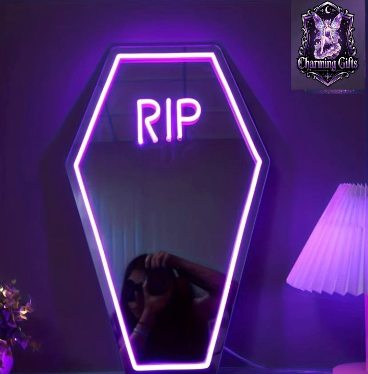 RIP Neon Selfie Mirror Coffin - USB Powered, Adjustable LED Lighting, Wall Mountable, Perfect Spooky Halloween Gift for Women with Unique Coffin Design