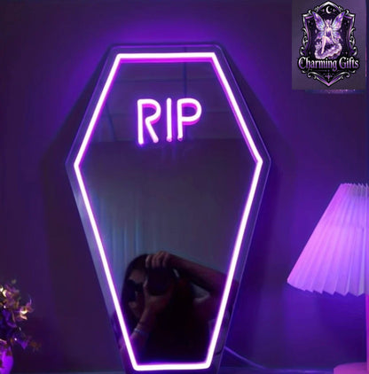 RIP Neon Selfie Mirror Coffin - USB Powered, Adjustable LED Lighting, Wall Mountable, Perfect Spooky Halloween Gift for Women with Unique Coffin Design