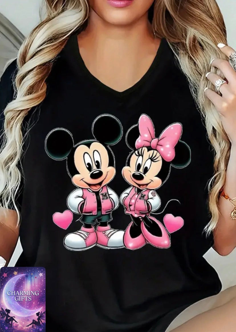 Plus Size Women's Casual V-Neck T-Shirt - Mickey & Minnie Mouse Cartoon Print Short Sleeve Top, Black with Pink Hearts, Lightweight Breathable Fabric, Machine Washable for Spring Summer Fall, Seasonal Versatile Top, Comfortable Fit