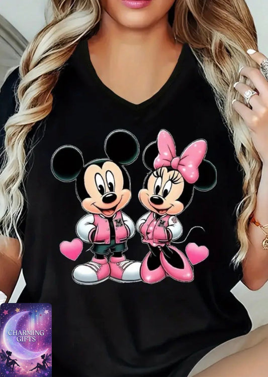Plus Size Women's Casual V-Neck T-Shirt - Mickey & Minnie Mouse Cartoon Print Short Sleeve Top, Black with Pink Hearts, Lightweight Breathable Fabric, Machine Washable for Spring Summer Fall, Seasonal Versatile Top, Comfortable Fit