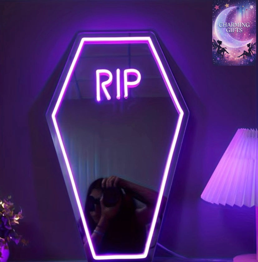 RIP Neon Selfie Mirror Coffin - USB Powered, Adjustable LED Lighting, Wall Mountable, Perfect Spooky Halloween Gift for Women with Unique Coffin Design