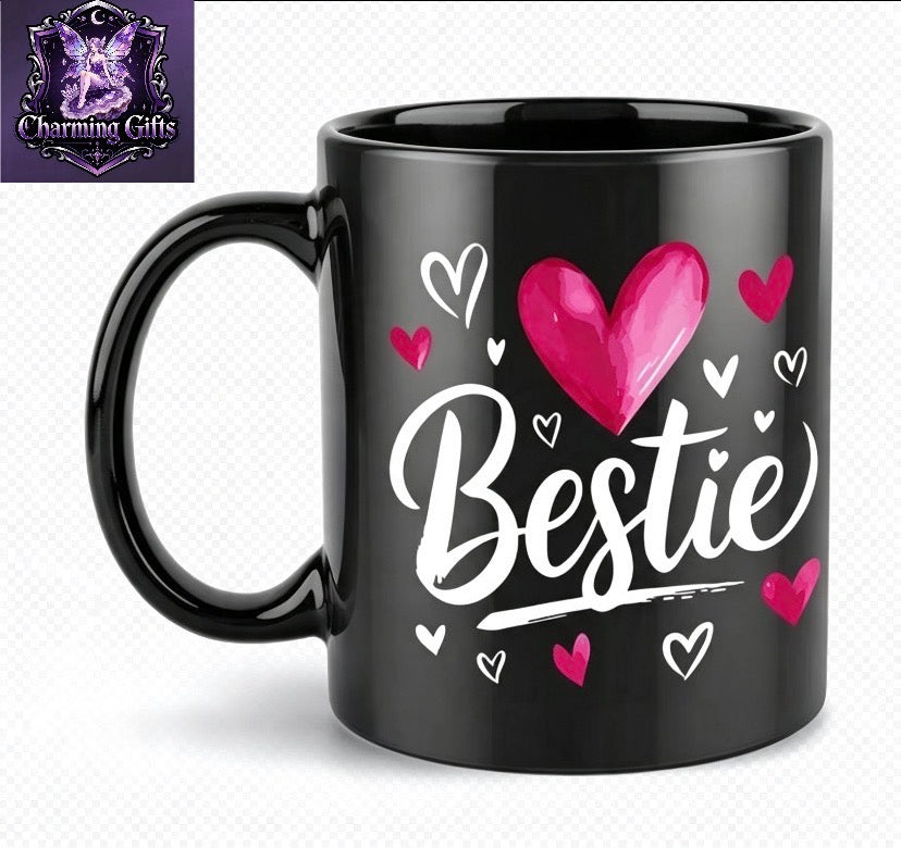 1pc Bestie Ceramic Mug 11Oz(360Ml)- Heart& Bestie Design, Black with Pink Hearts, Perfect for Coffee, Tea, Or Hot Chocolate, Ideal Birthday& Holiday Gift, Beverage Cup| Playful Design| Durable Drinkware, Grandma of The Bride, Mug with Message