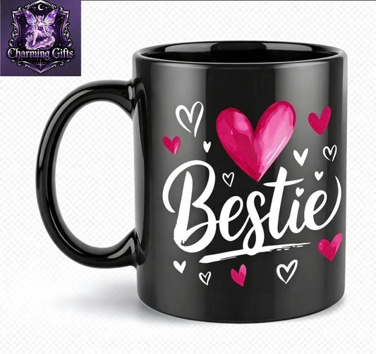1pc Bestie Ceramic Mug 11Oz(360Ml)- Heart& Bestie Design, Black with Pink Hearts, Perfect for Coffee, Tea, Or Hot Chocolate, Ideal Birthday& Holiday Gift, Beverage Cup| Playful Design| Durable Drinkware, Grandma of The Bride, Mug with Message