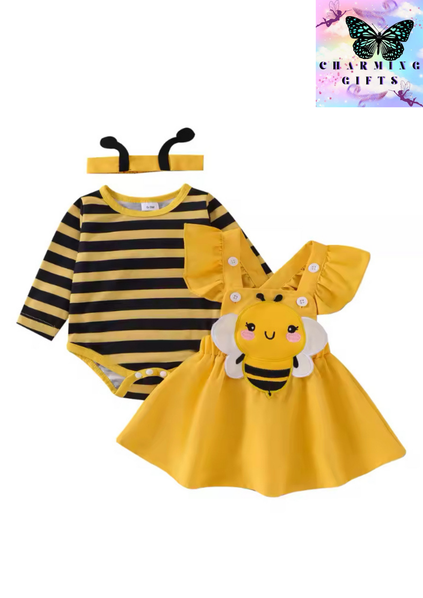 Baby Girls Autumn Skirt Sets Flying Sleeve Romper Bee/Beetle Embroidery Suspender Dress Headband Sets