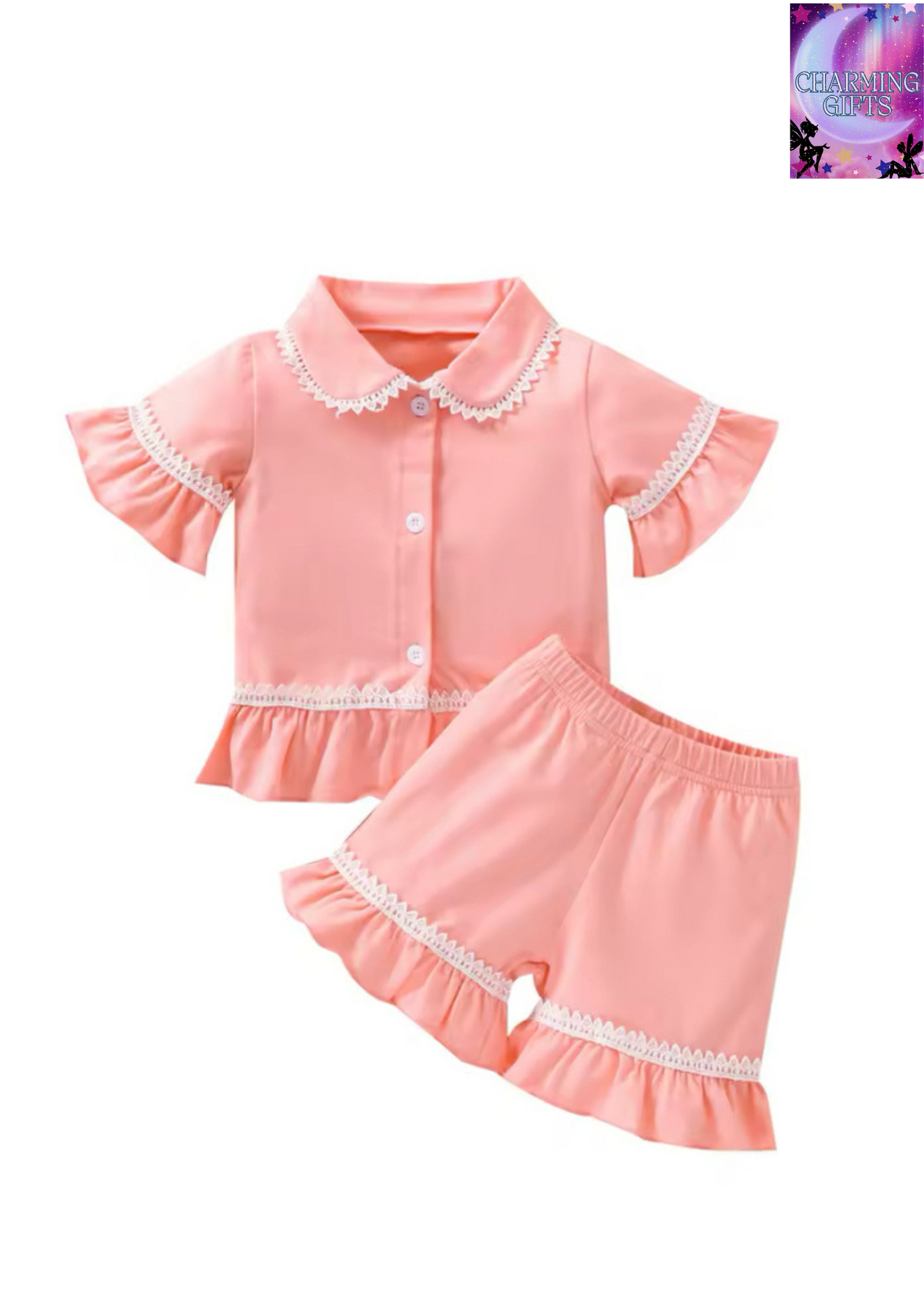 Kids Baby Girl Sleepwear Set T-shirt and Shorts Pajamas Set Fashion Lace Trim Short Sleeve Tops Short Pants Home Clothes 1-7T