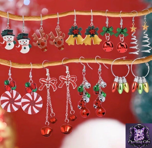 9-Pair Christmas Cartoon Snowman Reindeer Bell Earrings Set, Christmas Party Colorful Bell Bow Red Green Yellow Light Bulb Hoop Earrings, Silvery Spiral Christmas Tree Earrings, Women's Fashion Dangle Earrings, Zinc Alloy Material, for Christmas