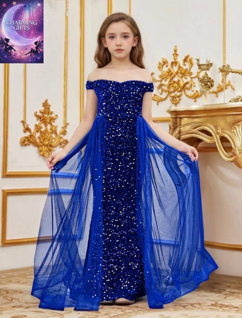 Girl's Luxury Off-Shoulder Sequin Mermaid Party Dress - Long Tulle Layered Fitted Evening Gown, Suitable for Special Occasions, Back-to-school Season, Graduation Season, Bridesmaid Dresses, and Daily Wear