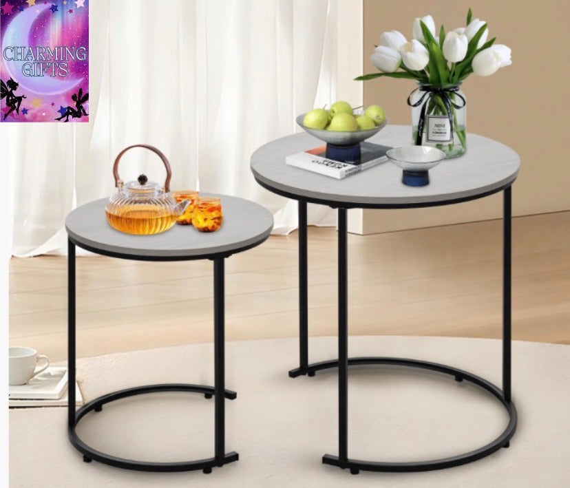 Alivio Set of 2 Round Nesting Coffee Tables with Metal Frame (Grey)