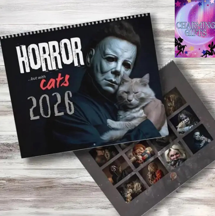 2026 Halloween Horror Movie & Cats Wall Calendar - Spooky Feline Art, 27.94x21.59 cm, Undated Paper Planner with Iconic Movie Scenes & Cat-Themed Designs, Perfect for Halloween Decor & Movie Fans, Halloween Decorations, Movie Fan Gift, Playful Design, Dur