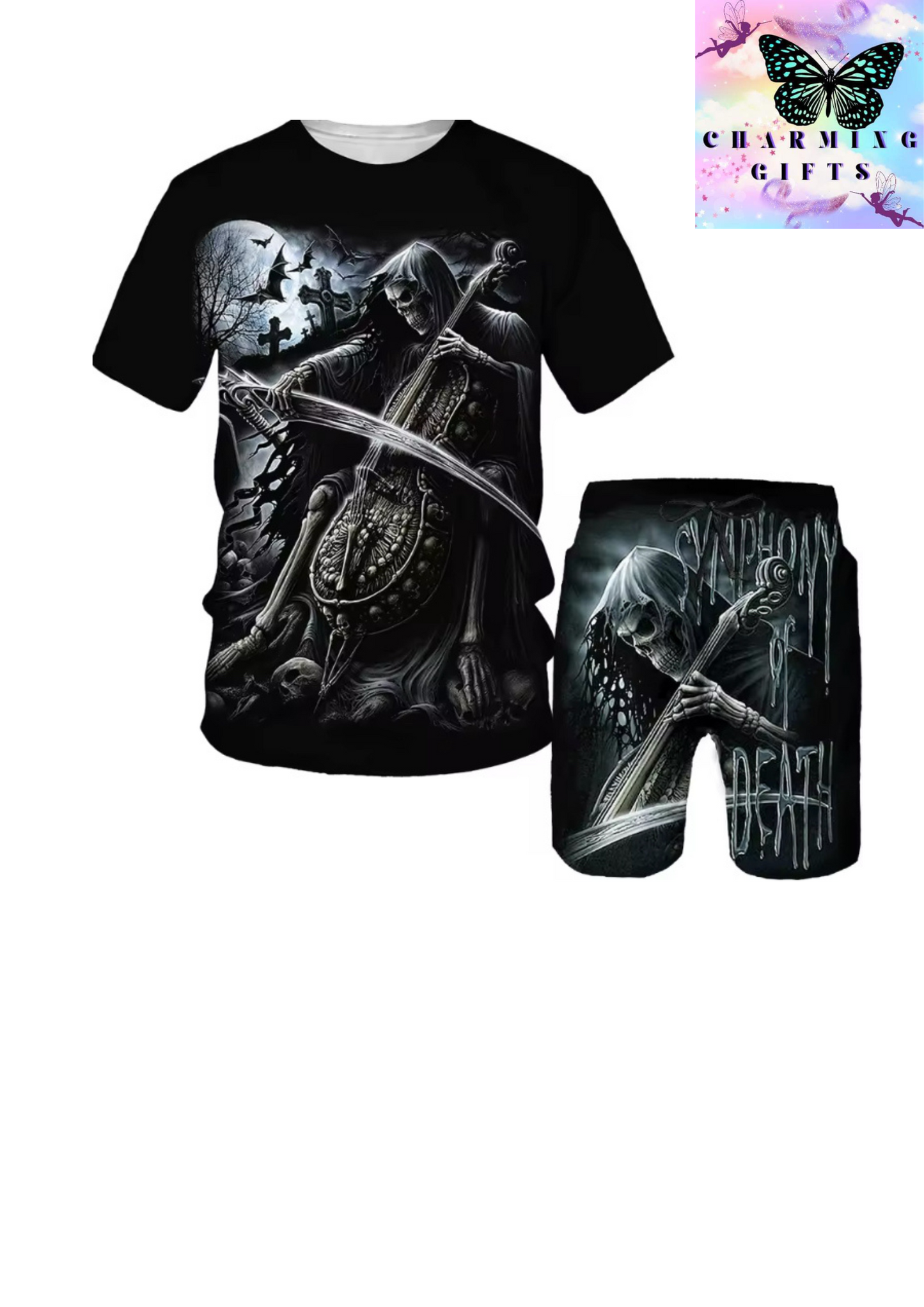 Grim Reaper playing cello  T shirt and shorts set