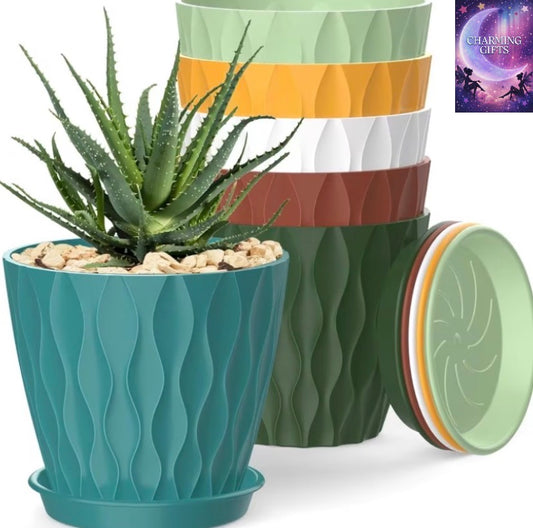 10pcs (5 Flower Pots + 5 Trays) Set 10.16 cm Indoor Flower Pots, Mixed Color Random Flower Pots, with Drainage Holes And Tray Plant Planter, Water Ripple Texture Small Flower Pots, Suitable for Planting Orchids, Violets, Succulents