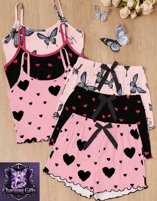 6pcs Set Includes Heart And Bowknot Print Camisole And Shorts Pajamas