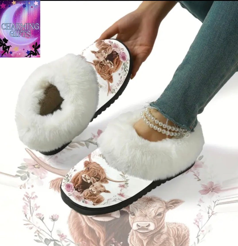 Floral framed Highland Cattle Printed, 1 pair, plush slippers, soft, comfortable, durable, rubber non slip sole, no shedding, suitable , birthday gifts, indoor and outdoor wear, velvet warm slippers