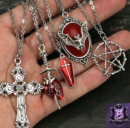 5pcs Y2K Vintage Punk Rock Style Bat, Faux, Coffin, Arrow, Red Heart, Star Pendant Necklace Set, 304L Stainless Steel Chain, Bohemian, Hiphop Fashion