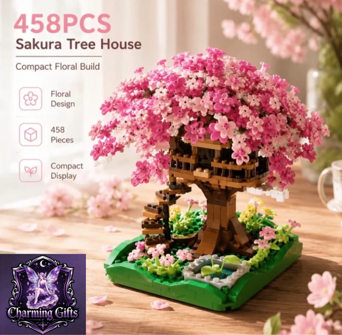 Kawaii Cherry Blossom Tree House Mini Building Blocks Set, Micro Sakura Bonsai Botanical Desk Decor, Cute Architecture Toy Gift for Girls Teens Room Decor