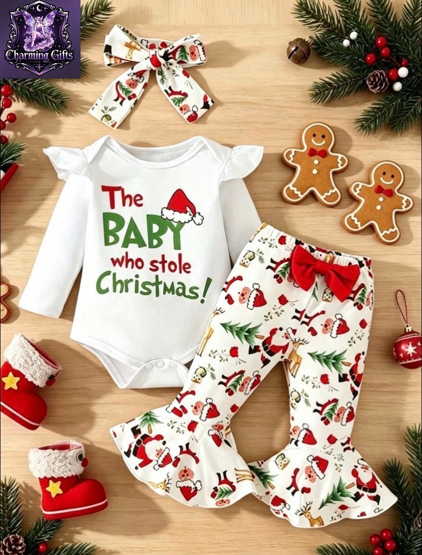 Baby Girl Christmas 3pcs Set, Flutter Sleeve Letter Bodysuit And Santa Print Flared Pants with Bow Headband, Infant Holiday Outfit, for Outdoor