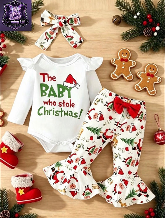 Baby Girl Christmas 3pcs Set, Flutter Sleeve Letter Bodysuit And Santa Print Flared Pants with Bow Headband, Infant Holiday Outfit, for Outdoor